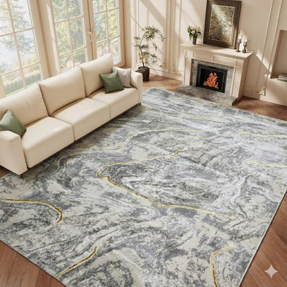 Alfombra Diseño Mármol Gris con Detalles Dorados – Estilo Moderno y Refinado