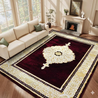 Alfombra Diseño Khanjar Roja con Detalles Dorados – Inspiración Árabe de Lujo