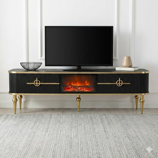 Mueble TV con Chimenea Eléctrica LED 3D Negro con Detalles Dorados – Bazar Al Madina Home