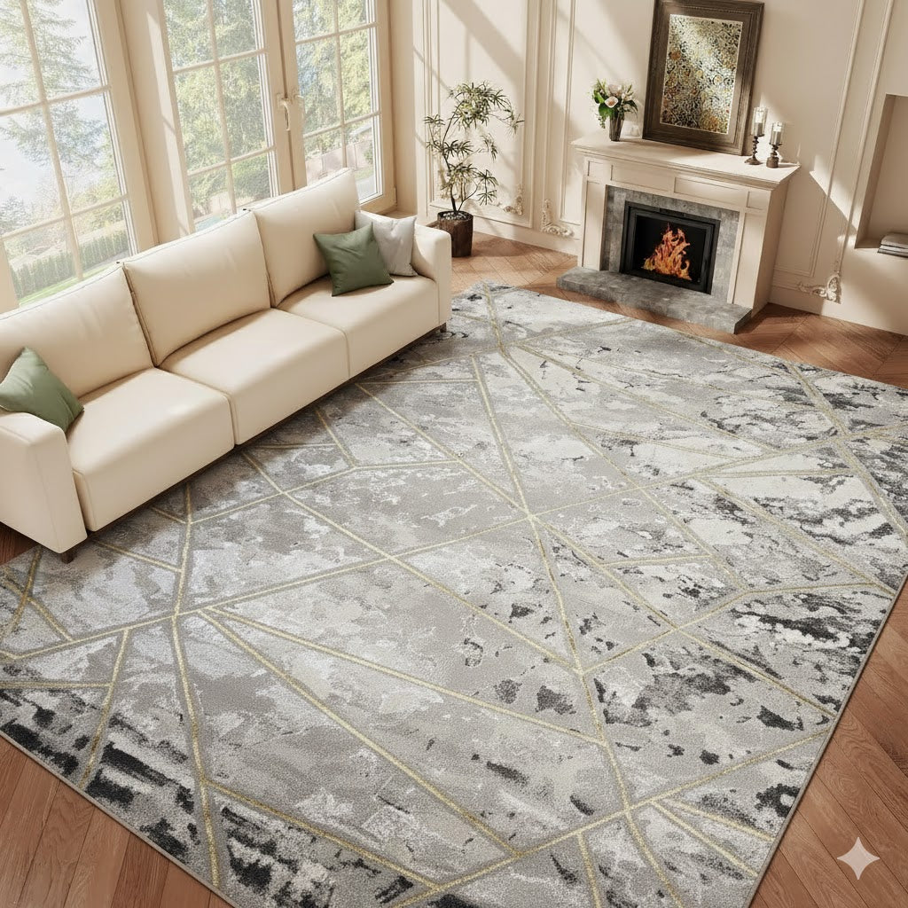 Alfombra Marmol 4D Gris / Dorado – Estilo Moderno con Patrón Geométrico y Toque Luxury
