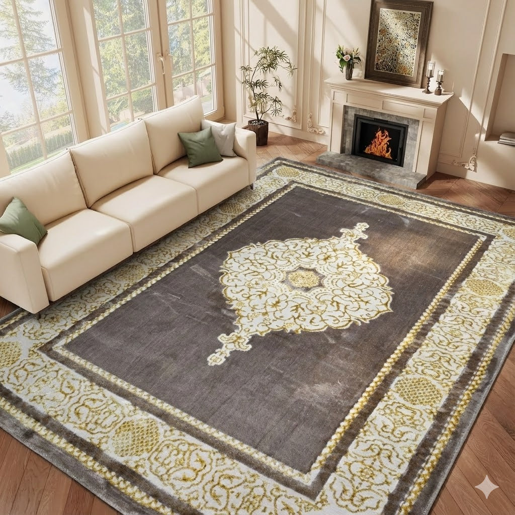 Alfombra Diseño Khanjar Marrón con Detalles Dorados – Elegancia Clásica Árabe