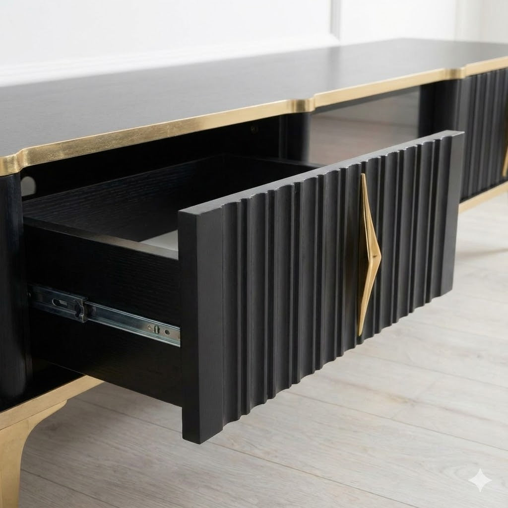 Mesa de TV con chimenea digital - NEGRO Y DORADO