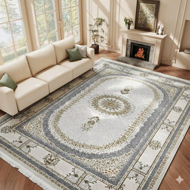 Alfombra NADOR Crema y Gris Claro con Medallón Clásico y Detalles Elegantes ✨🤍🩶 — Estilo Turco Sofisticado para Salón, Dormitorio y Pasillo