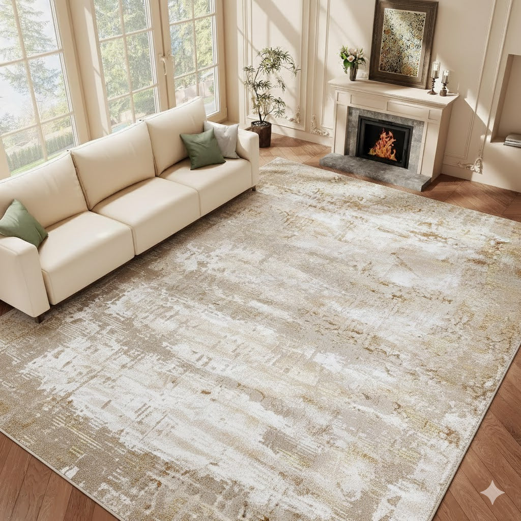 Alfombra Abstract Beige / Dorado – Estilo Moderno con Textura Tipo Lienzo