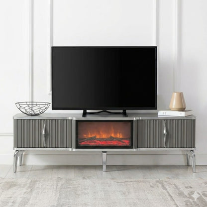 Mesa de TV con chimenea digital - COLOR GRIS CON DETALLES EN PLATEADO