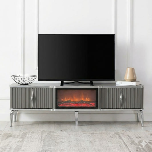 Mesa de TV con chimenea digital - COLOR GRIS CON DETALLES EN PLATEADO