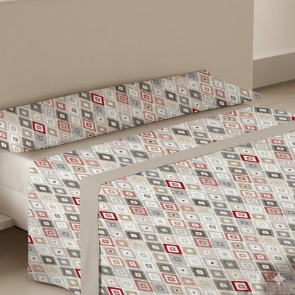 Juego de Sábanas Coralina 3 Piezas Geométrico Gris/Teja/Rojo | Invierno | 100% Poliéster
