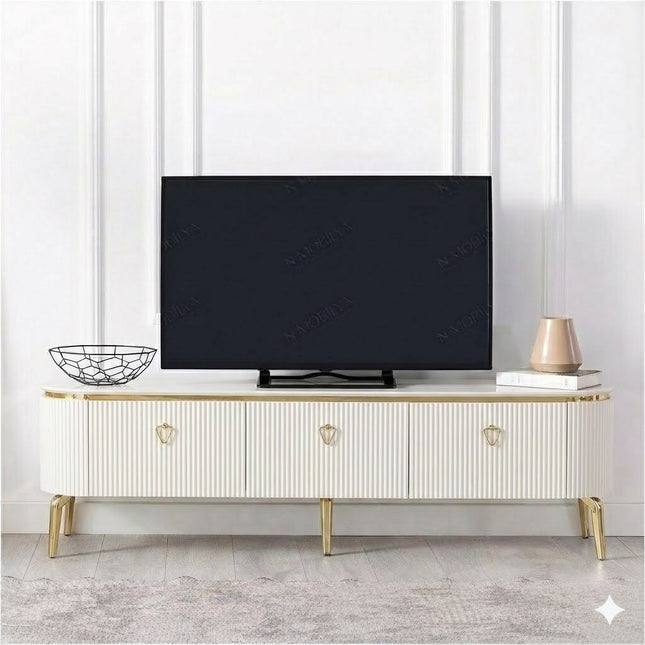 Mesa de TV com lareira digital - Branco com detalhes dourados