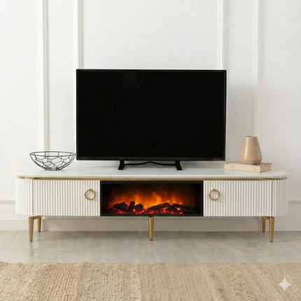 Mesa de TV com lareira digital - Branco com detalhes dourados
