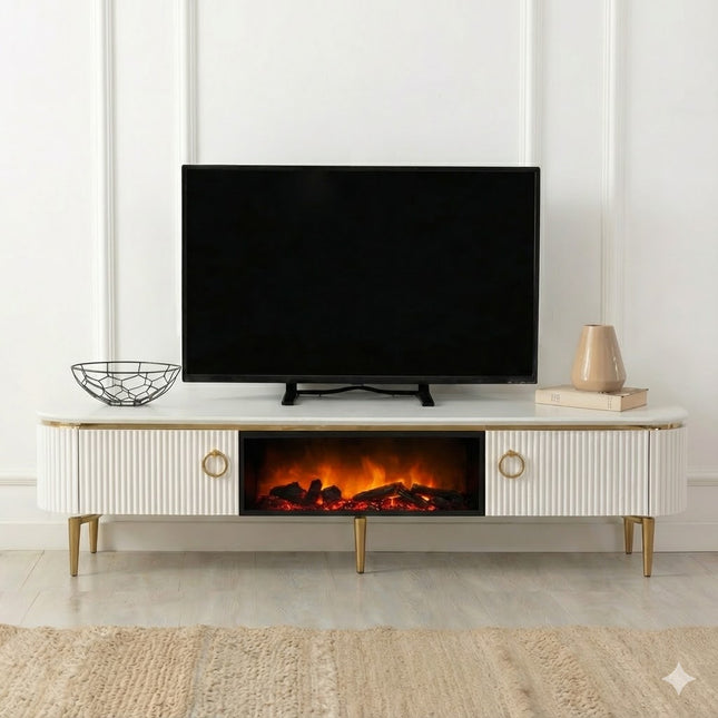 Mesa de TV com lareira digital - Branco com detalhes dourados