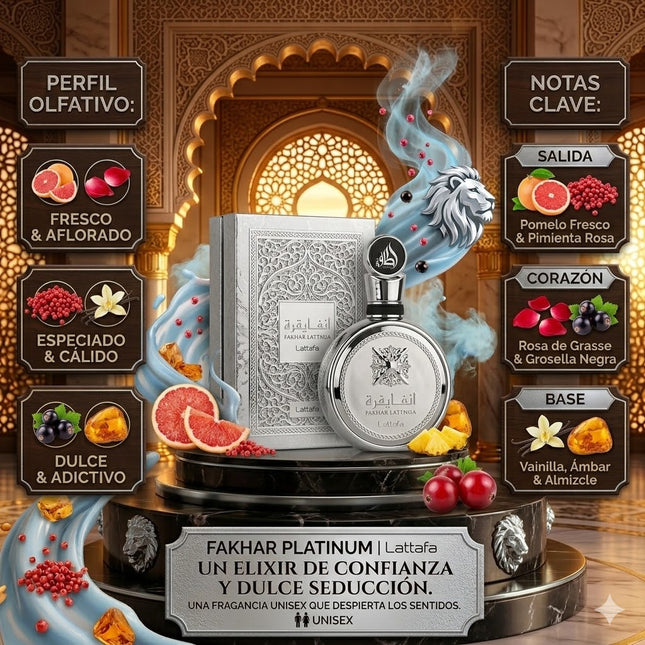 Fakhar Platinum – Lattafa (100 ml) · Perfume árabe masculino fresco, amadeirado e elegante