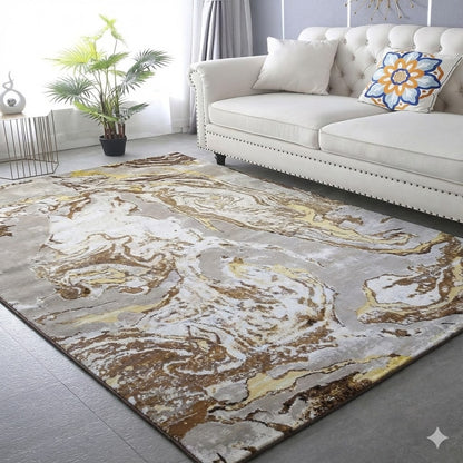 Alfombra Diseño Mármol 3D Marrón con Detalles en Amarillo – Contraste y Elegancia