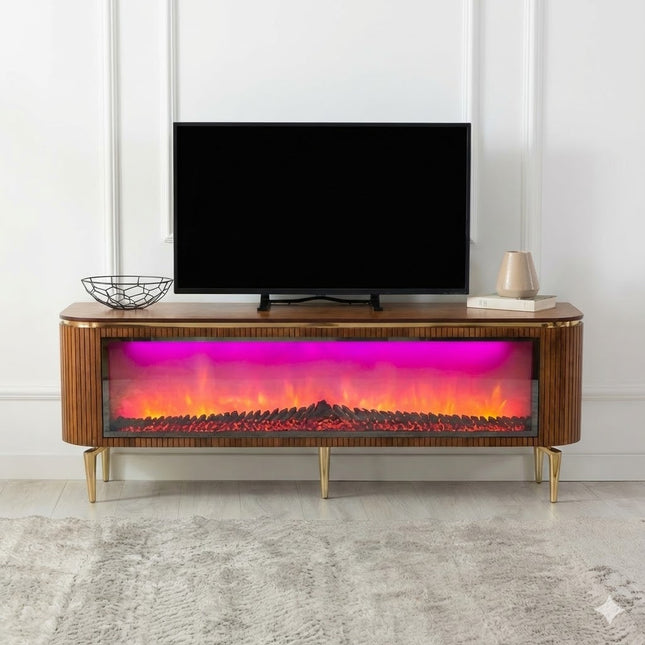 Mesa de TV com lareira digital - Branco com detalhes dourados