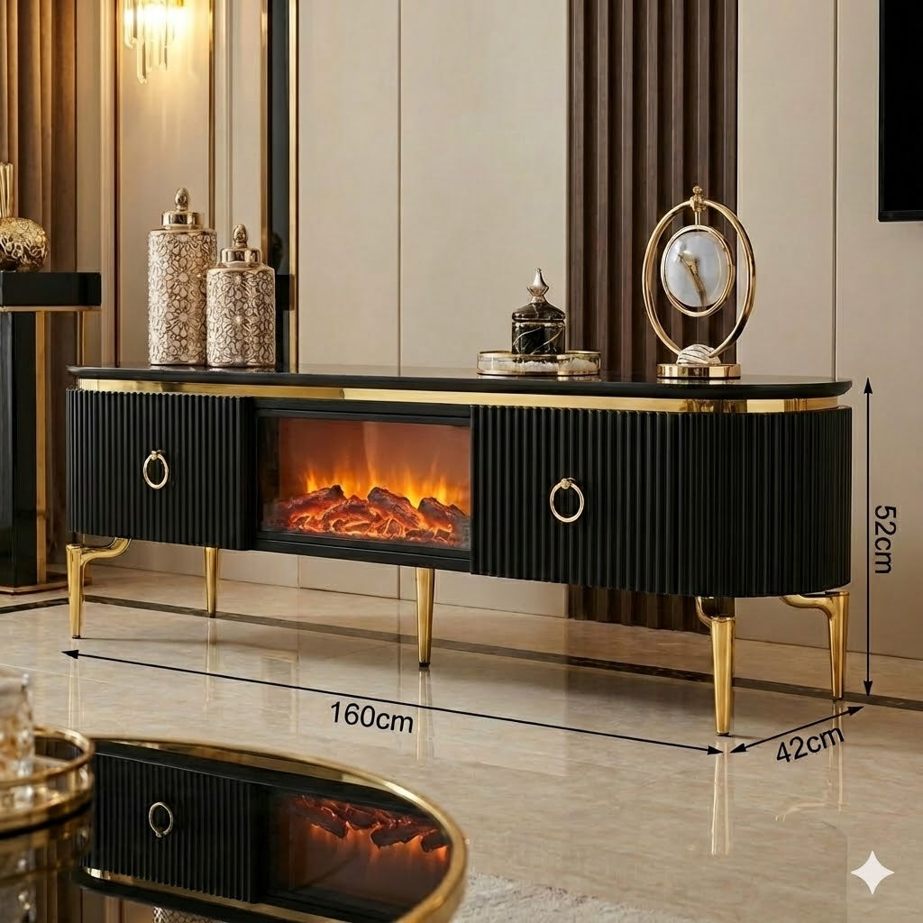 Mesa de TV con chimenea digital - NEGRO DORADO