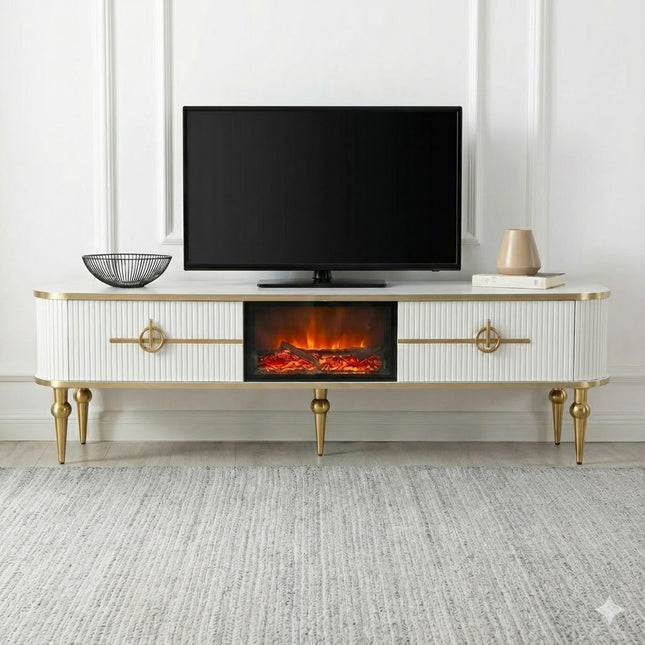 Mesa de TV com lareira digital - Branco com detalhes dourados