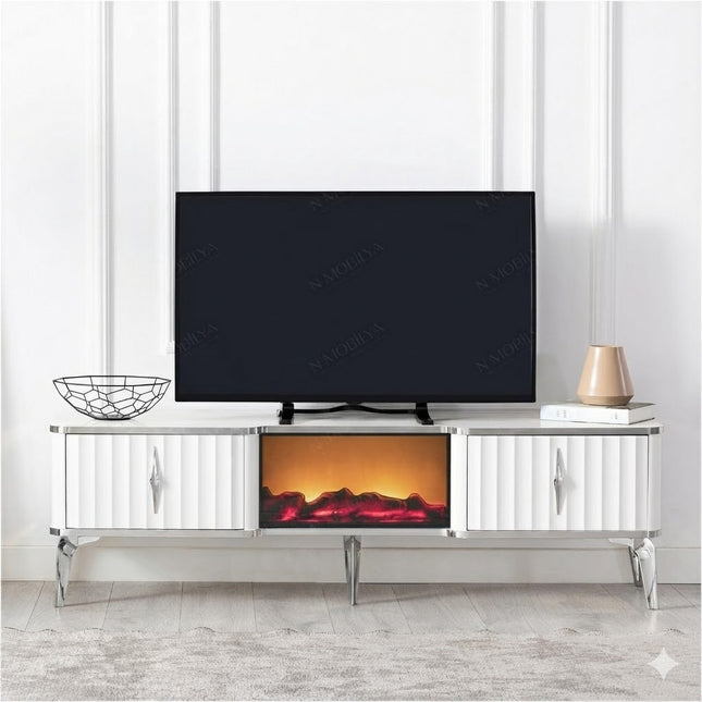 Mesa de TV com lareira digital - Branco com detalhes dourados