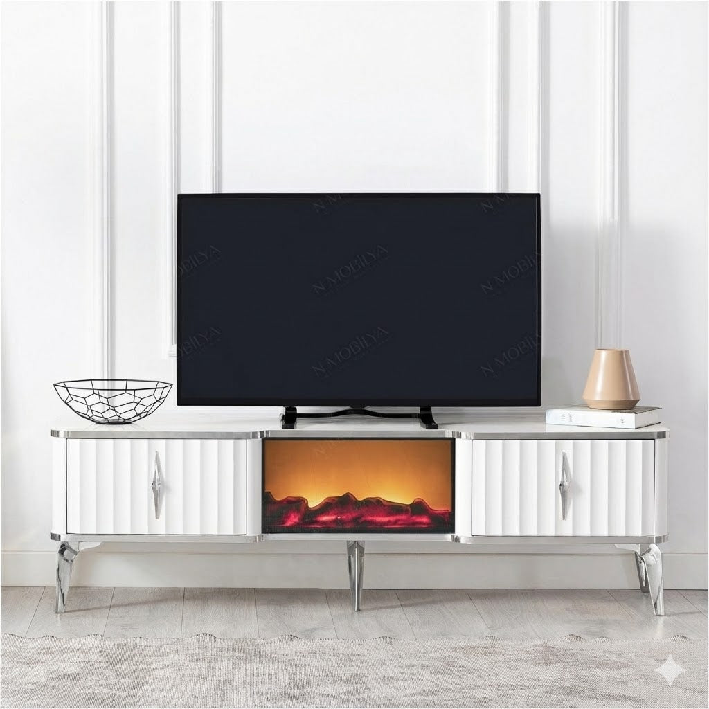 Mesa de TV con chimenea digital - COLOR BLANCO CON DETALLES EN PLATEADO