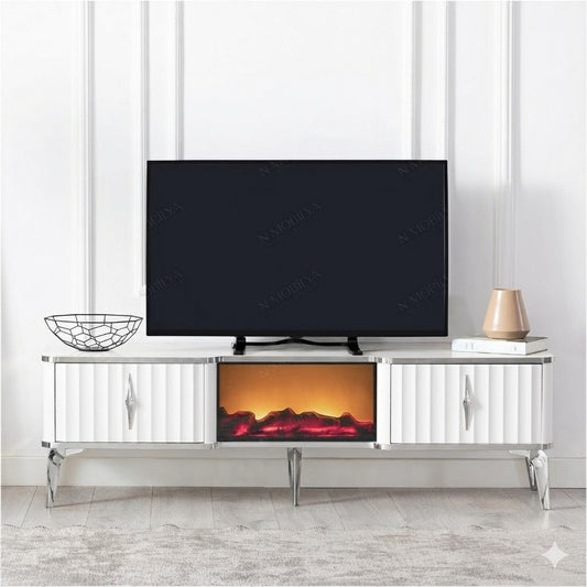Mesa de TV con chimenea digital - COLOR BLANCO CON DETALLES EN PLATEADO