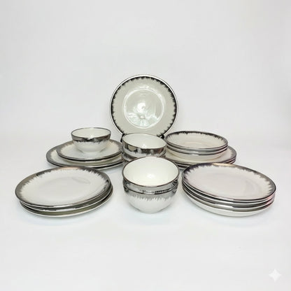 ✨ 24-Piece Dinnerware Set with Silver Rim ✨