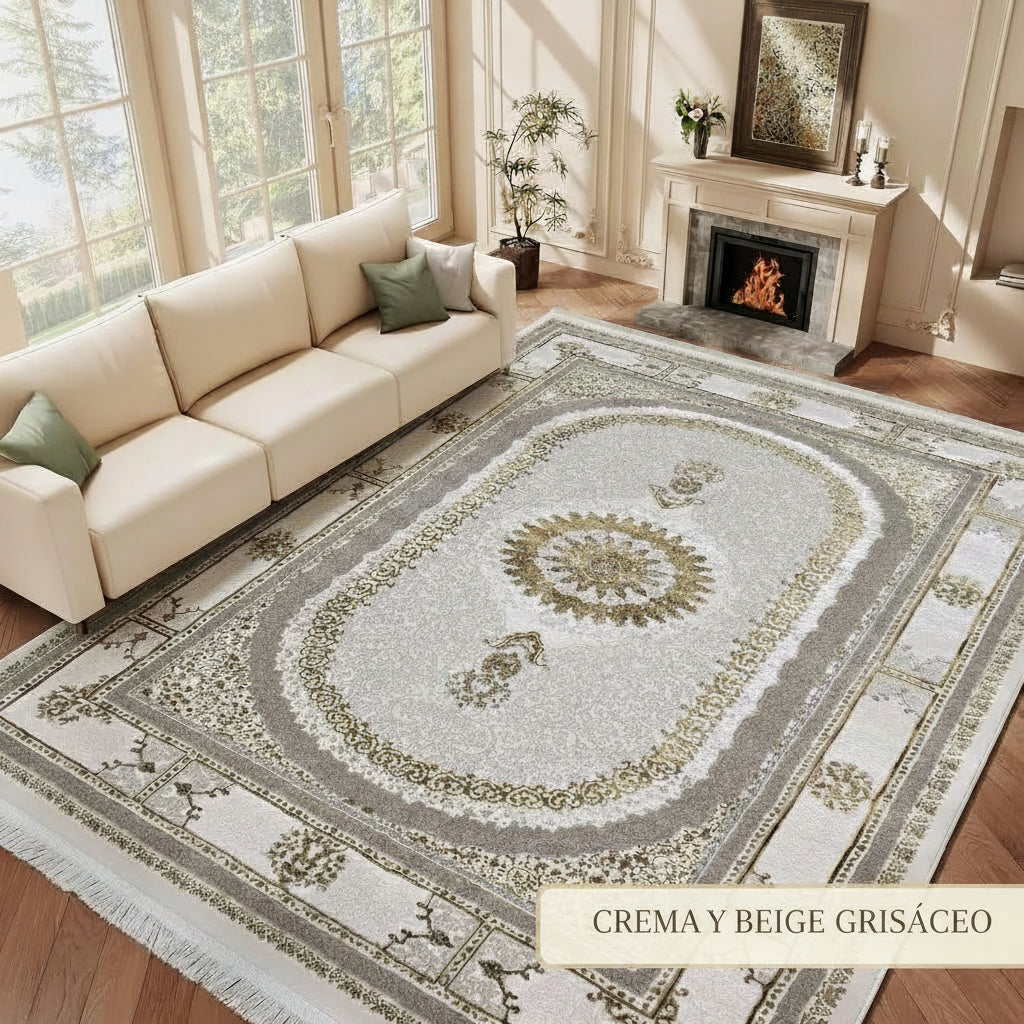 Alfombra NADOR con Marco Decorativo y Medallón Central ✨🤎🤍 — Estilo Tradicional Elegante con Profundidad y Contraste