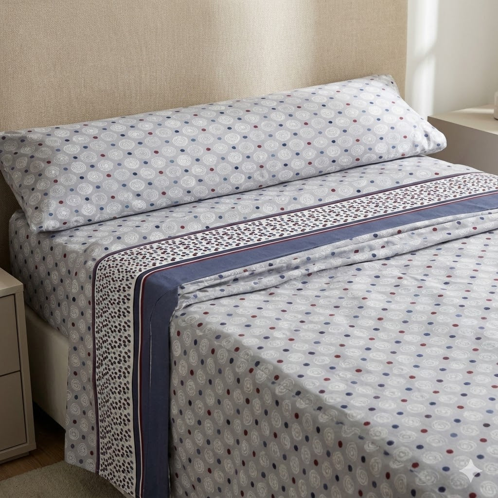 Juego de Sábanas Coralina 3 Piezas Círculos Azul | Térmicas Invierno | 100% Poliéster