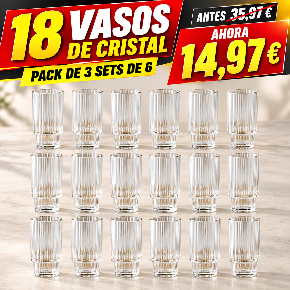 18 vasos Lines de cristal estriado. Pack de 3 sets de 6. Antes 35,97 EUR; ahora 14,97 EUR.