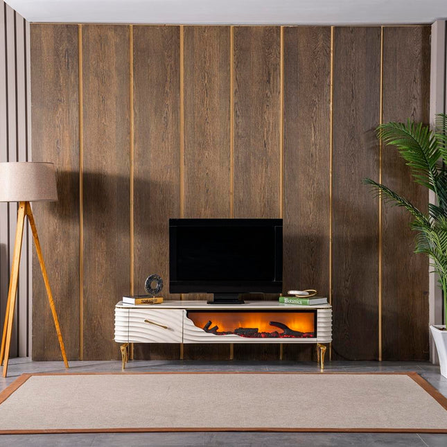 Móvel TV com lareira digital - Branco com detalhes dourados