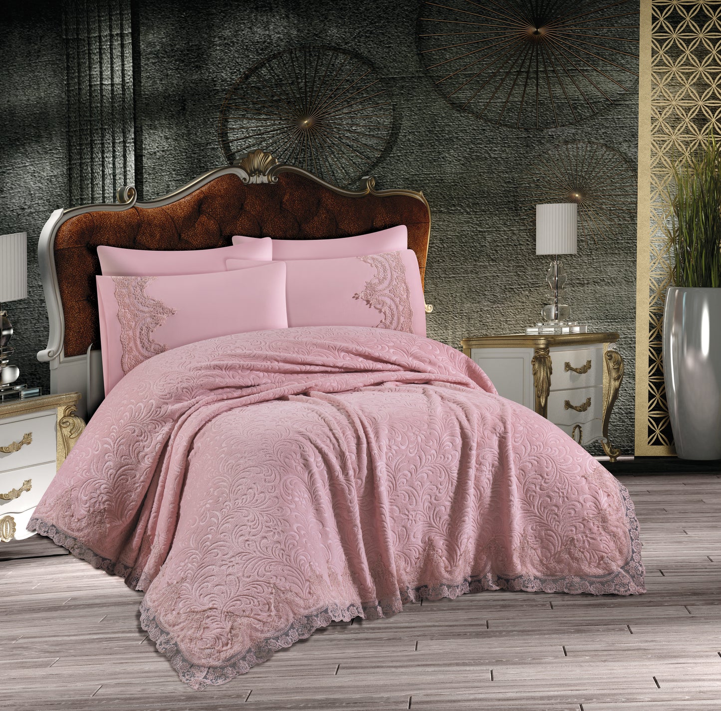 Pink Turkish Lace Throw Set - 6 Pieces | Elegance and Comfort