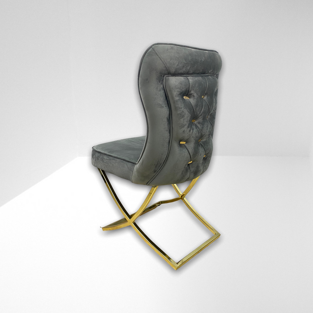 Silla terciopelo para comedor CLOWER SANDALYE V27  gris oscuro ganchos dorado, pata metal dorado